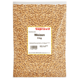 Supravit Futterweizen 5 kg in transparenter Tüte, goldene Weizenkörner für Geflügel und Kleintiere.