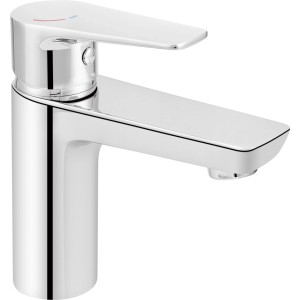 Glänzende baliv Waschtischarmatur in Chrom. Moderner Einhebelmischer für Waschbecken mit rot-blauer Markierung.