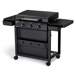 Schwarzer Enders Grill Plancha Amaro Gasgrill mit Haube und Ablagetischen.