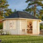 Palmako Holz-Pavillon Hanna, grau grundiert, mit Doppeltür und Fenstern im Garten.