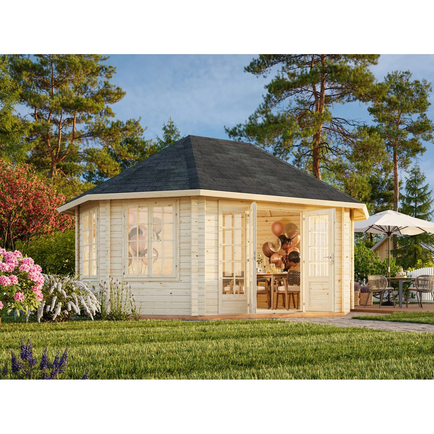 Palmako Holz-Pavillon Hanna, grau grundiert, mit Doppeltür und Fenstern im Garten.
