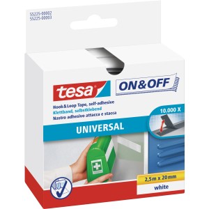 Tesa® On & Off Klettband Universal, 2,5 m x 20 mm, Weiß, auf der Verpackung.