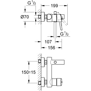 Technische Zeichnung der Grohe Concetto Wannenarmatur mit Maßangaben für die Installation.