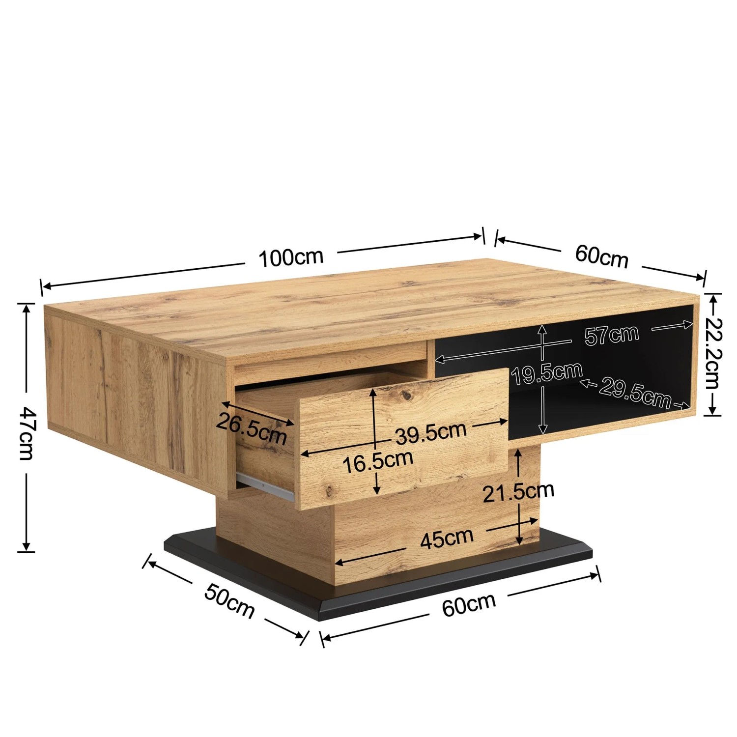Naturfarbener Couchtisch mit Holzmaserung, 100x60cm, offener Schublade und schwarzem Staufach. Ideal für Wohnzimmer.