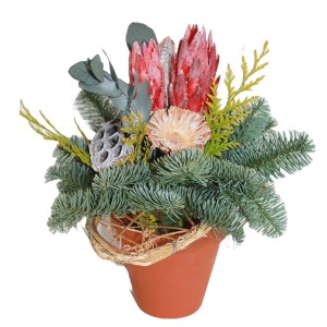 Vasen-Grabstrauß Nobilis mit rotem Herz, 20 cm, in braunem Topf. Grabgesteck mit Tannengrün und Protea.