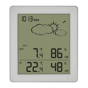 Weiße TFA Funk-Wetterstation Clear mit Anzeige von Innen- und Außentemperatur.
