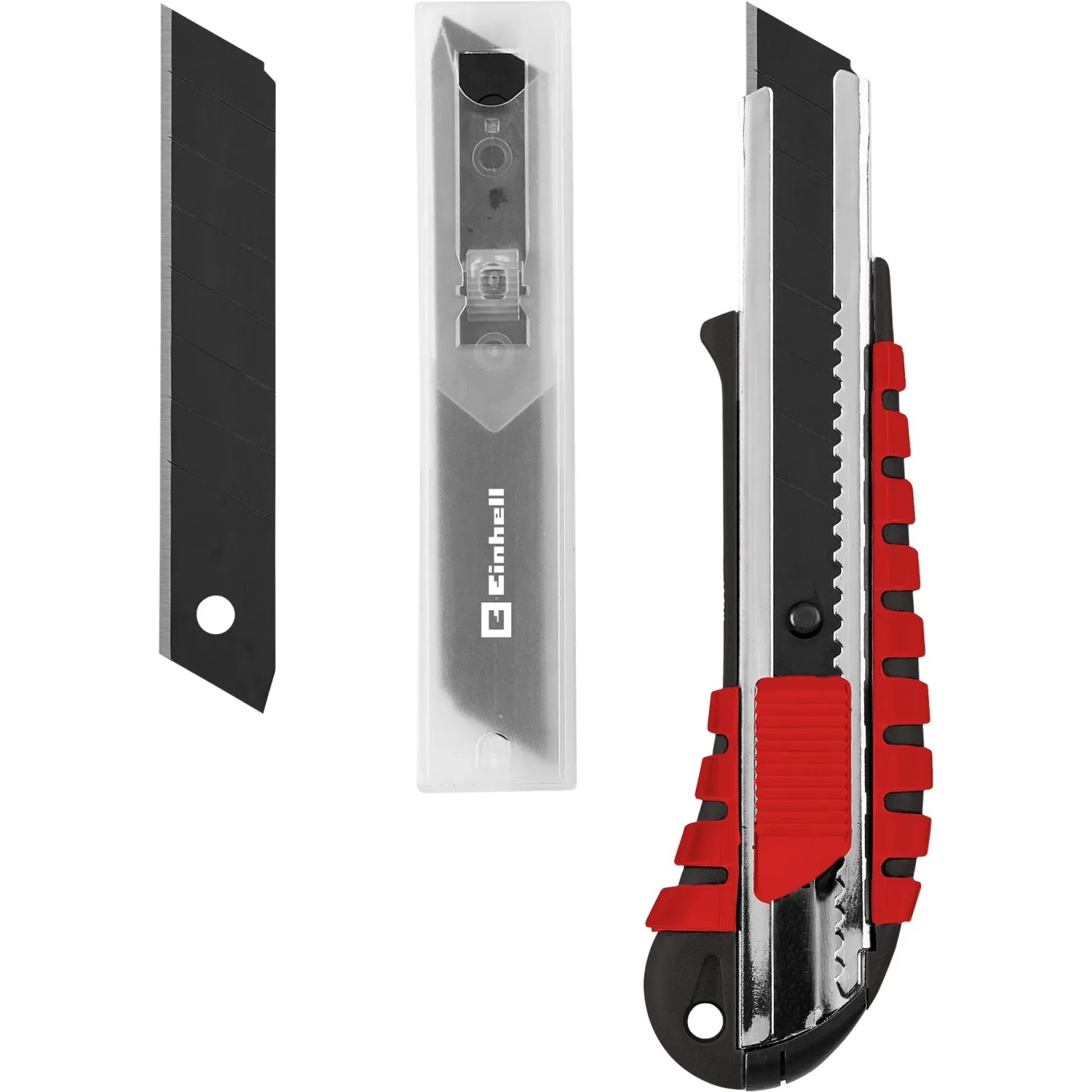 Einhell Cuttermesser mit Klingen und Magazin. Cuttermesser mit roten Akzenten.