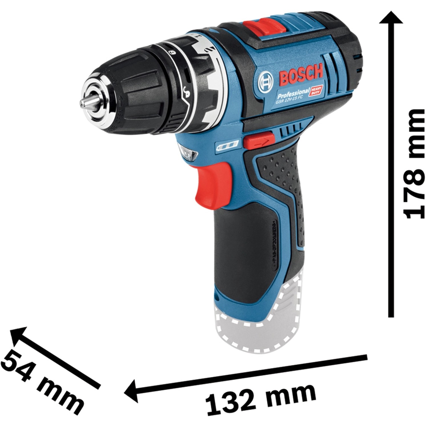Bosch Professional Akku-Bohrschrauber GSR 12V-15 FC mit Maßen 178x132x54mm.