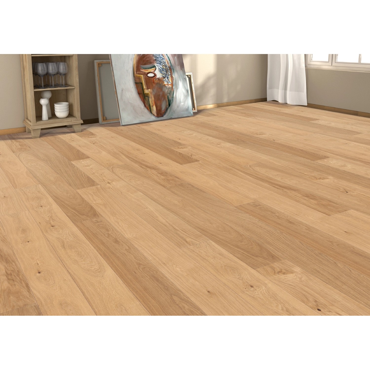 Verlegtes, geöltes Living by Haro Parkett Eiche Classic Landhausdiele 4V im Raum.