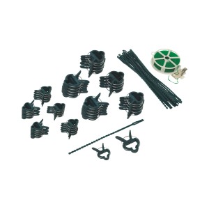 71-teiliges Pflanzen-Bindeset für Garten: Staudenhalter, Bindedraht, Pflanzenclips in Grün.