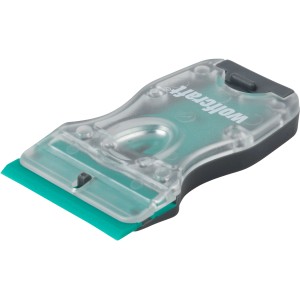 wolfcraft Schaber mit Kunststoffklingen für empfindliche Oberflächen, mit Ersatzklingen im Magazin.