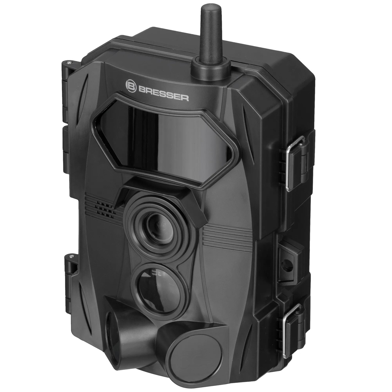 Schwarze Bresser WLAN Wildkamera 4-24 MP mit 20 m Reichweite zur Tierbeobachtung und Überwachung.