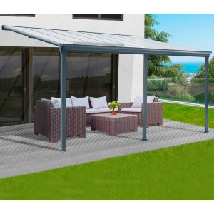 Floraworld Terrassenüberdachung in Anthrazit mit Gartenmöbeln auf Terrasse.