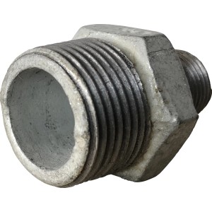 Reduziernippel aus Temperguss, verzinkt, mit zwei Außengewinden (1 Zoll x 1/2 Zoll).