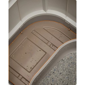 Innenansicht: Graue Feandrea Katzentoilette Boxal XL mit Streu und herausnehmbarer Schale.