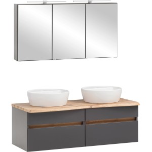 Held Möbel Doppelwaschtisch-Set Trient, 120 cm, grau mit Aufsatzbecken und Spiegelschrank