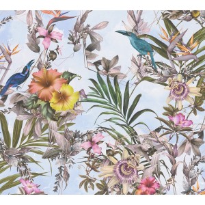 Vliestapete mit Blumen, Blättern und Vögeln in Weiß und Grün. Dekorative Tapete mit floralem Muster.