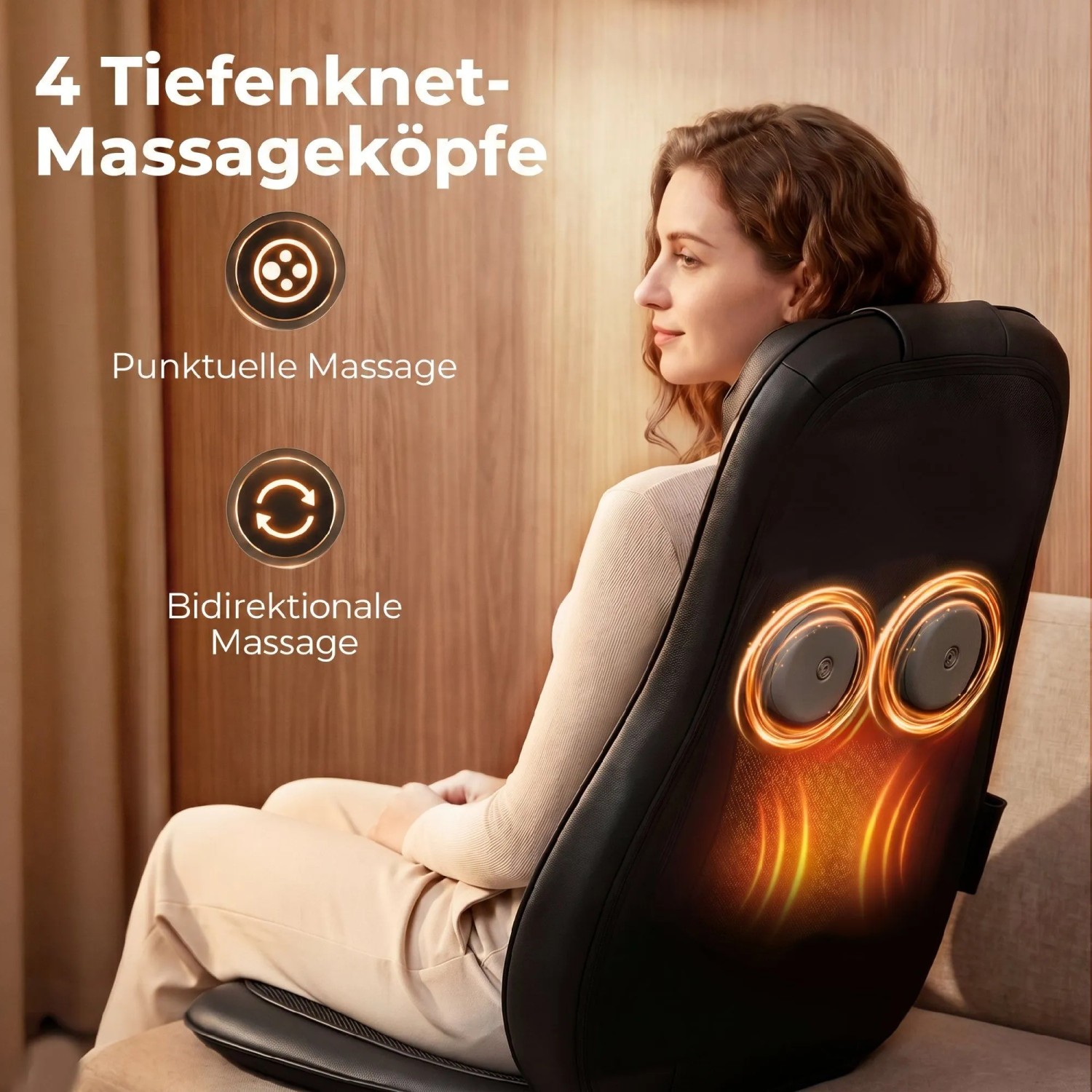 Frau nutzt schwarze HOMCOM Shiatsu-Massagesitzauflage. Knetmassageköpfe und Wärme am Rücken sichtbar. Sport & Fitnessgerät.