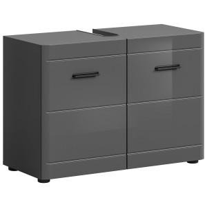 Grauer Waschbeckenunterschrank (80x56x34 cm) mit Hochglanz-Fronten für moderne Badezimmer.