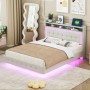 okwish Polsterbett 140x200cm mit USB LED Verstecktem Fußteil Beige ohne Matratze_2