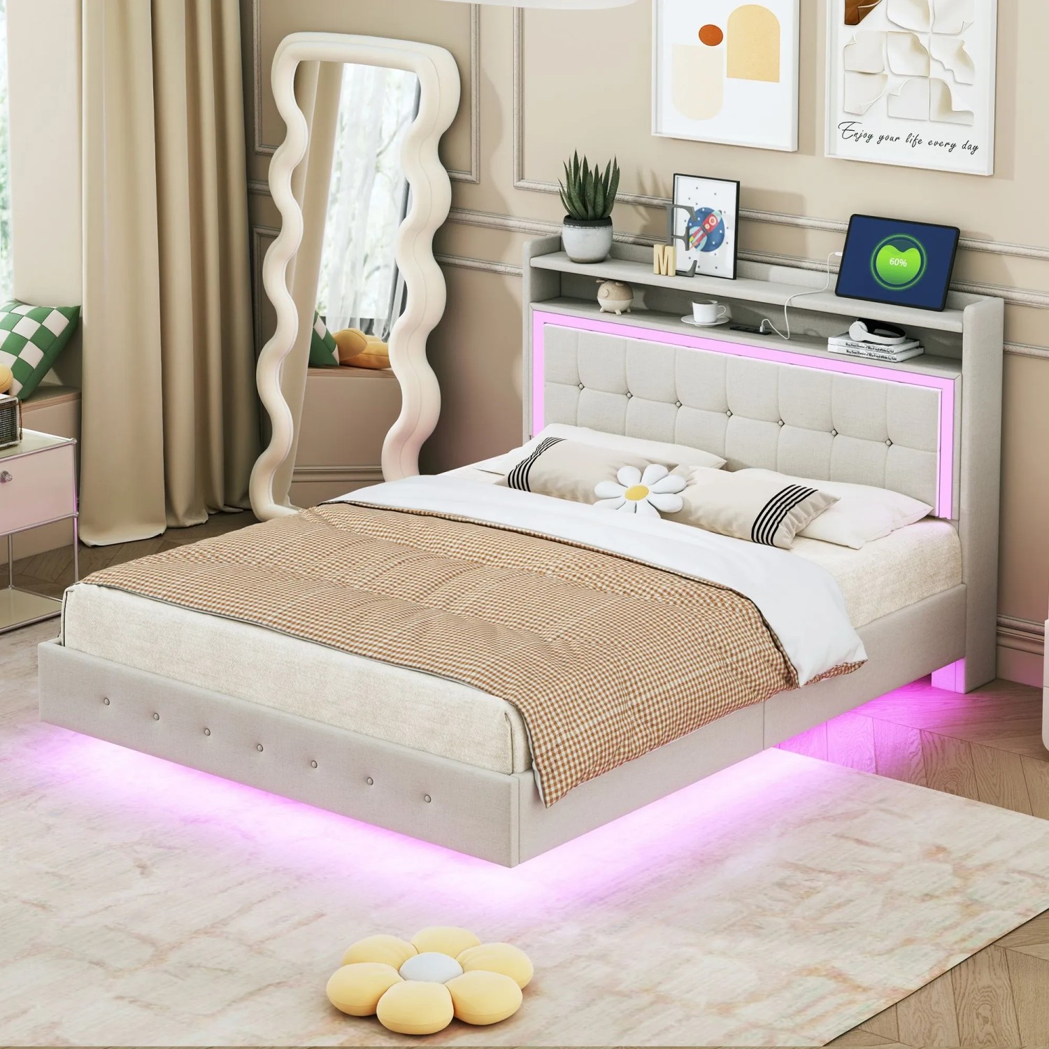 okwish Polsterbett 140x200cm mit USB LED Verstecktem Fußteil Beige ohne Matratze_2