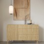 Selsey Sideboard Nolie aus geölter Eiche mit geriffelter Tür, drei Schubladen und Holzbeinen.