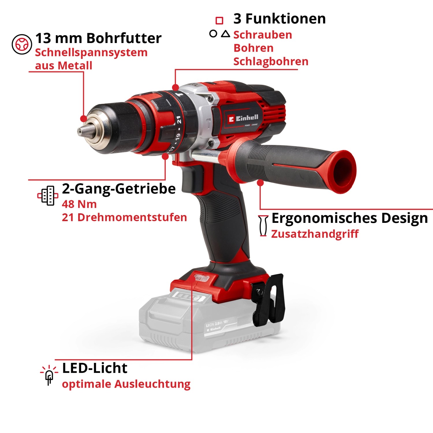 Einhell Akku-Schlagbohrschrauber TE-CD 18/48 Li-i-Solo mit Zusatzhandgriff.