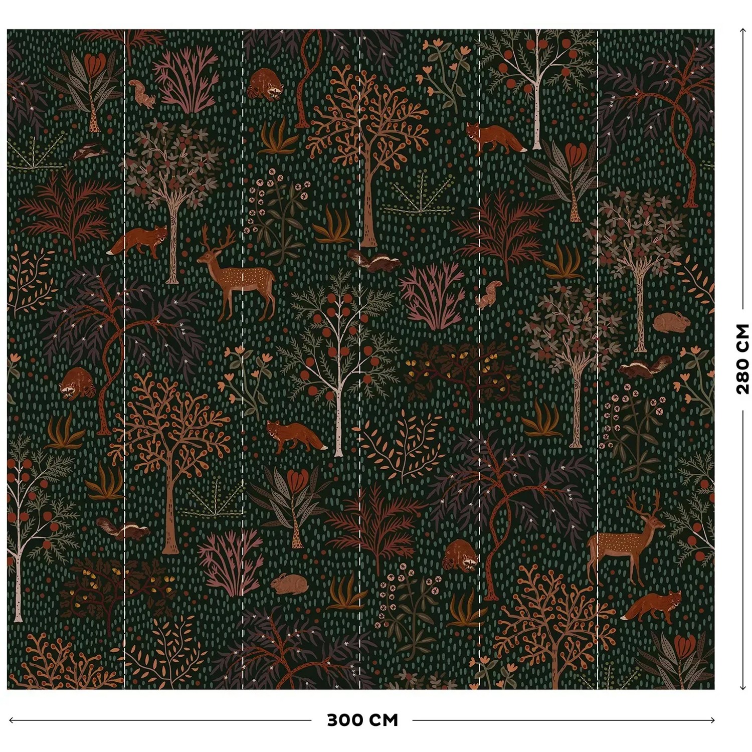 Art for the Home Fototapete Forest, 280x300cm, mit Waldtieren wie Reh, Fuchs und Eichhörnchen.