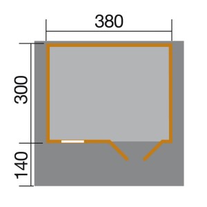 Grundriss OBI Holz-Gartenhaus Riva A Natur, 380x300 cm, mit Maßangaben.