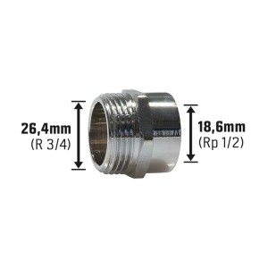 Verchromter Gewinde-Reduziernippel aus Messing, 26,4 mm (R 3/4) x 18,6 mm (Rp 1/2) für Gewindefittings.