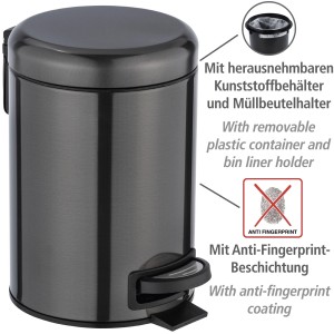 Wenko Kosmetik-Treteimer Leman, Metallic-Schwarz, 3L, aus Edelstahl mit Anti-Fingerprint-Beschichtung.