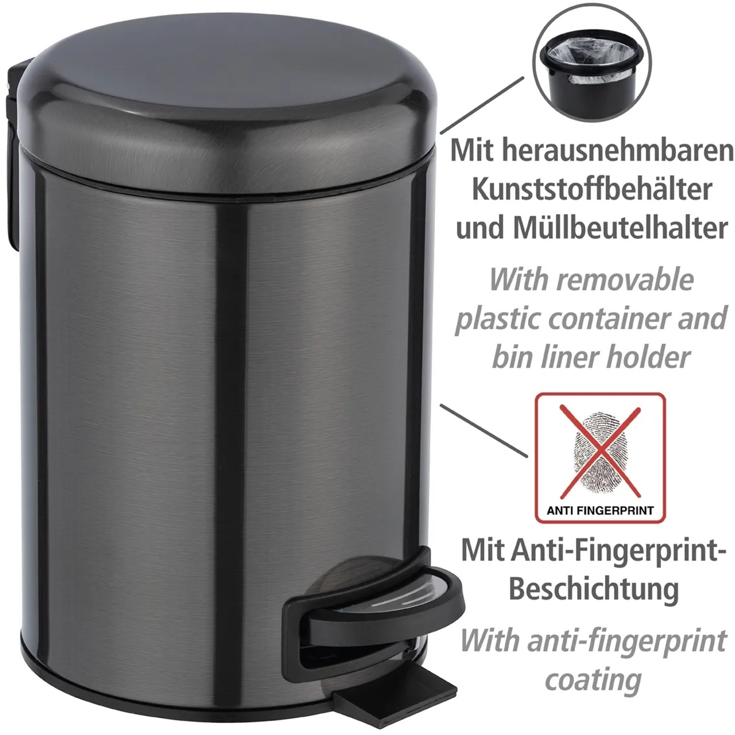 Wenko Kosmetik-Treteimer Leman, Metallic-Schwarz, 3L, aus Edelstahl mit Anti-Fingerprint-Beschichtung.