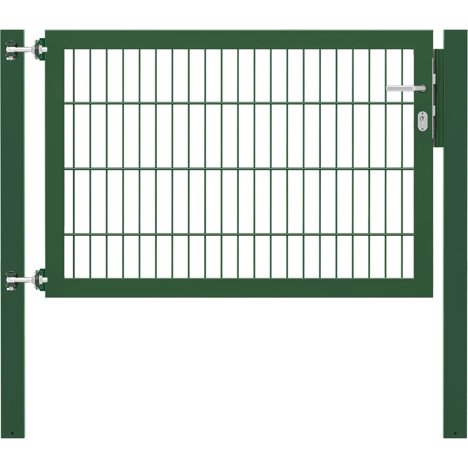 Grünes Einzeltor Flexo Plus 125x80 cm mit Pfosten für Gartenzaun.