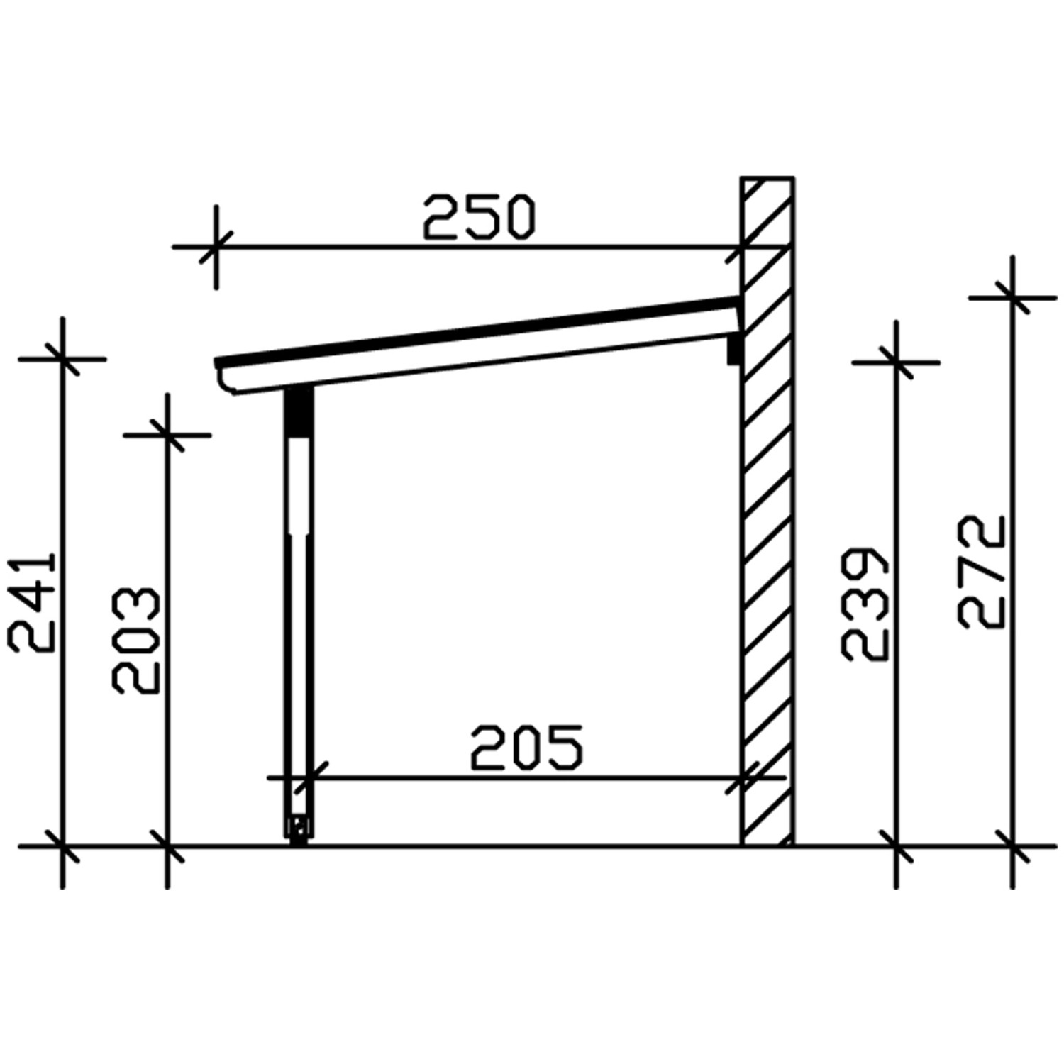 Technische Zeichnung der Skan Holz Terrassenüberdachung Ravenna, Maße: 434 x 250 cm.