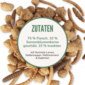 Orni Igelfutter mit Insekten & Fleisch. Nahaufnahme zeigt Futterstücke, Mehlwürmer, Zutatenliste.