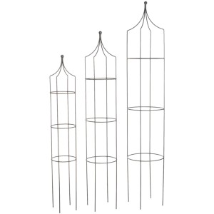 Graue Metall Rankhilfe Obelisk mit Kugelspitze, 161 cm hoch, für Kletterpflanzen im Garten.