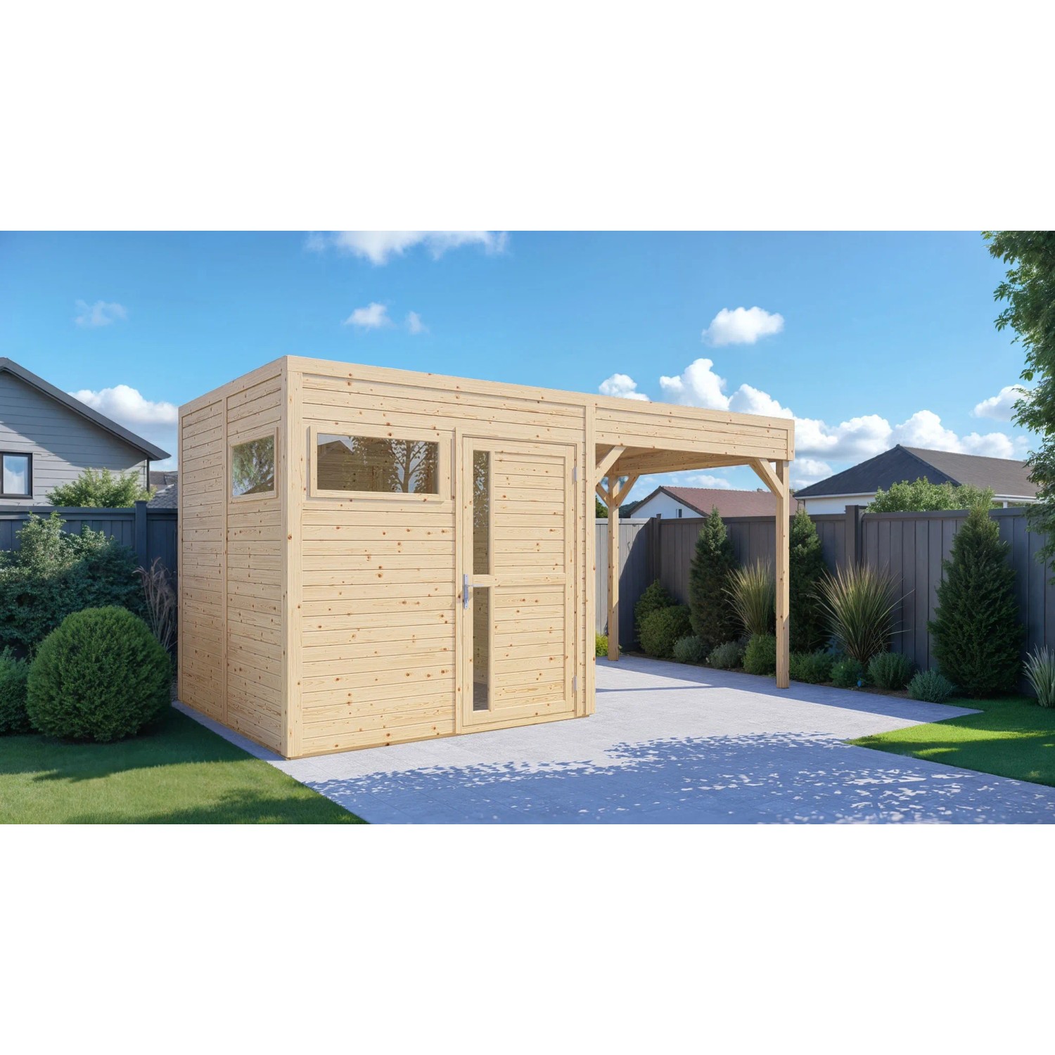 Bertilo Holz-Gartenhaus Cubus 2 Lounge mit Überdachung aus FSC®-zertifiziertem Holz.