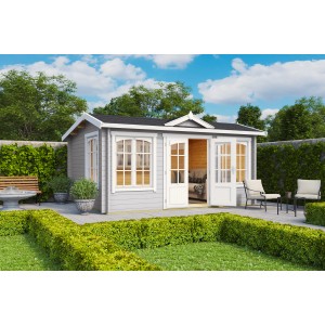 Lichtgraues Lasita Maja Gartenhaus Windsor 44 mit Doppeltür und Fenstern im Garten.