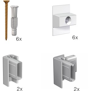 Artiteq Befestigungsset für Click Rail Alu: Schrauben, Dübel, Endkappen und Eckverbinder.