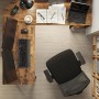 Songmics Eckschreibtisch Brandon, braun-schwarz, mit Ablagen, eingerichtet mit Büromaterialien, Vogelperspektive.