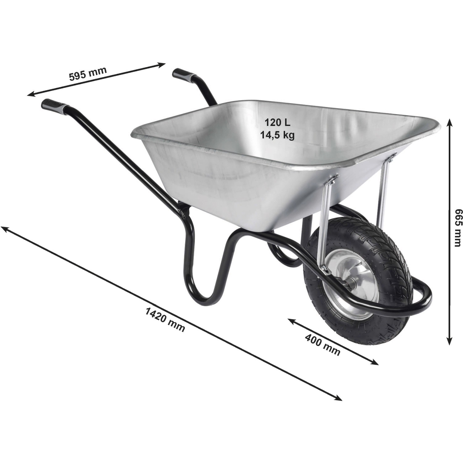 Haemmerlin Einrad-Schubkarre, 120 l, verzinkte Mulde, Luftrad, max. 200 kg Traglast.