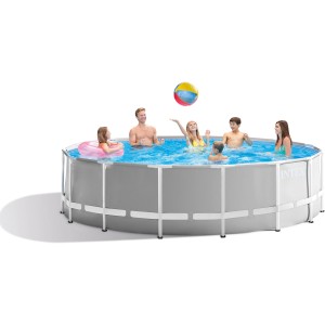 Intex Frame Pool Set Prism Rondo Ø 457 cm mit Familie im Wasser und Ball.