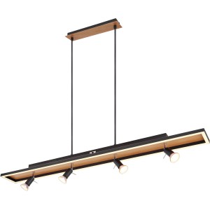 Moderne, schwarze LED-Pendelleuchte mit Holzoptik und fünf Strahlern für den Innenbereich.