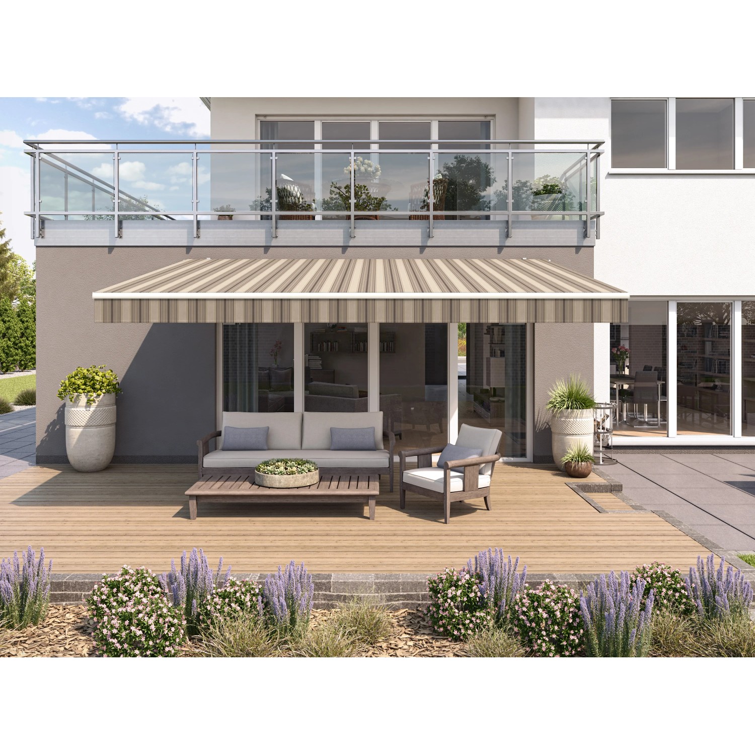 Beige-braune Gelenkarmmarkise Wismar Classic 300x200 cm am Haus montiert.
