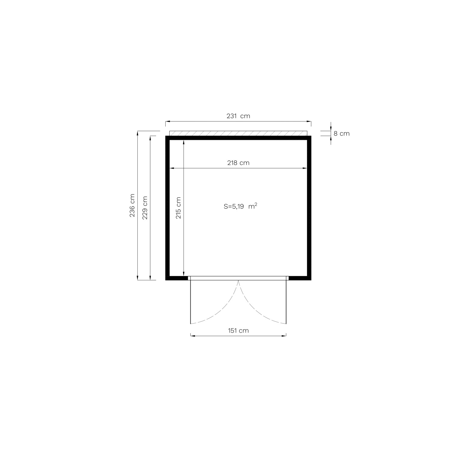 Grundriss Bertilo Gartenhaus HPL 1 Italian Walnut, 231x229 cm, mit Maßangaben.