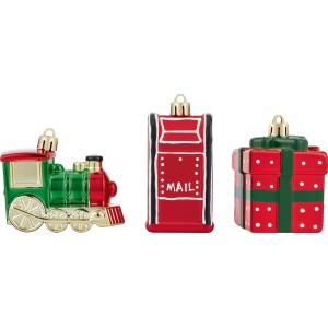 3er Set Kunststoff-Ornamente als Baumbehang: Zug, Briefkasten, Geschenk in Gold, Kupfer und Braun.