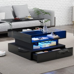okwish Couchtisch mit HöhenVerstellbar Stauraum LED 80x80x45cm Schwarz