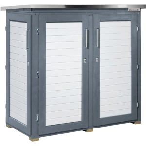 Grauer Weka Garten Q Terrassenschrank (160x75cm) mit zwei Türen und silberner Arbeitsplatte.