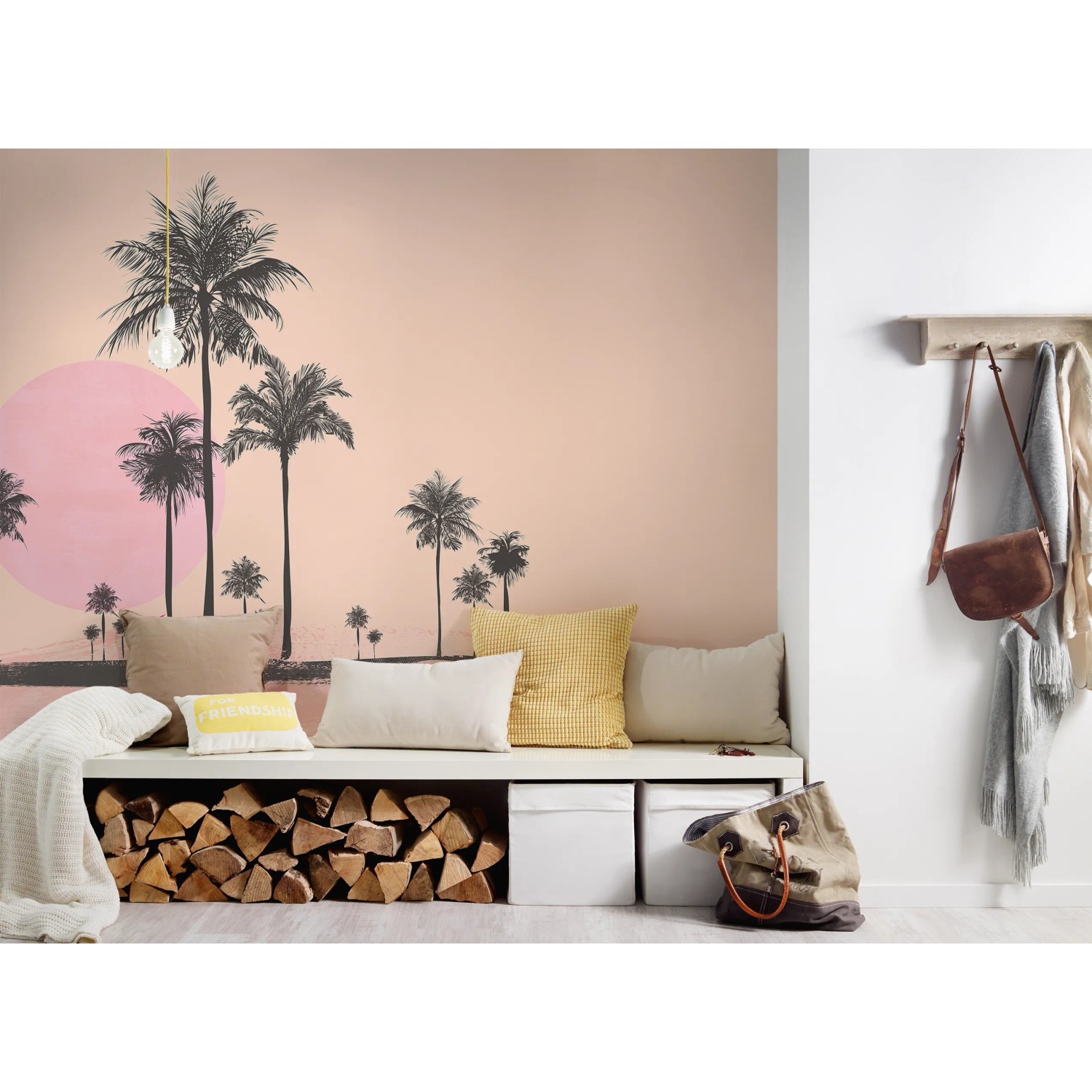 Fototapete mit Sonnenuntergang, Palmen in Rosa, Schwarz und Beige. Größe 4,00 m x 2,70 m.