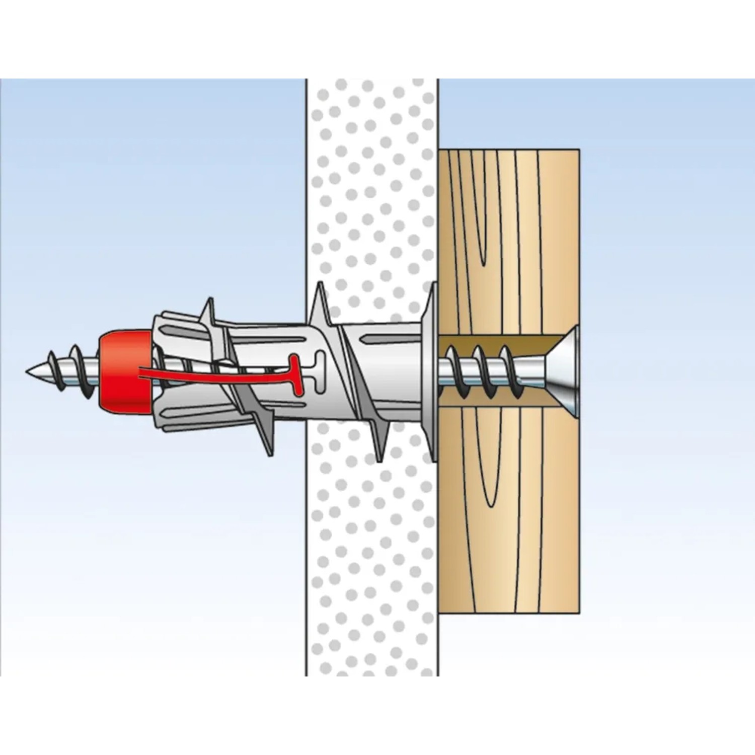 Illustration: Fischer Gipskartondübel Duoblade K in Gipskartonwand und Holz. Dübel für leichte Lasten.
